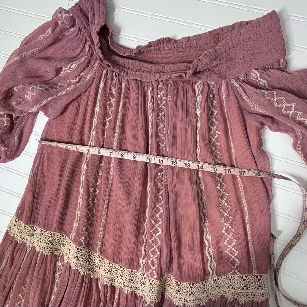 Floreat Boho Sweet Lace Peasant Embroidered Dress Dusty Rose-Peach Gauze Large - Picture 12 of 16